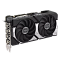 Фото-3 Видеокарта ASUS GeForce RTX 5060 Ti Dual 8GB, вид спереди под углом со стороны интерфейсной планки; на изображении видны два вентилятора, боковая надпись GeForce RTX, четыре видеовыхода на планке и чёрно-серебристый кожух; такой ракурс показывает лицевую конструкцию и разъёмы подключения в карточке товара.