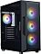 Фото-3 Корпус Zalman I3 NEO V2 Black, вид спереди слева без установленных комплектующих; чёрный корпус с тремя фронтальными вентиляторами с RGB-подсветкой, одним задним вентилятором и стеклянной боковой панелью, фото показывает предустановленную вентиляцию корпуса.
