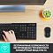 Фото-10 Комплект Logitech 920-003381 на рабочем столе: клавиатура и мышь рядом с монитором, рука печатает, на столе миска; показывает использование комплекта в офисном контексте.