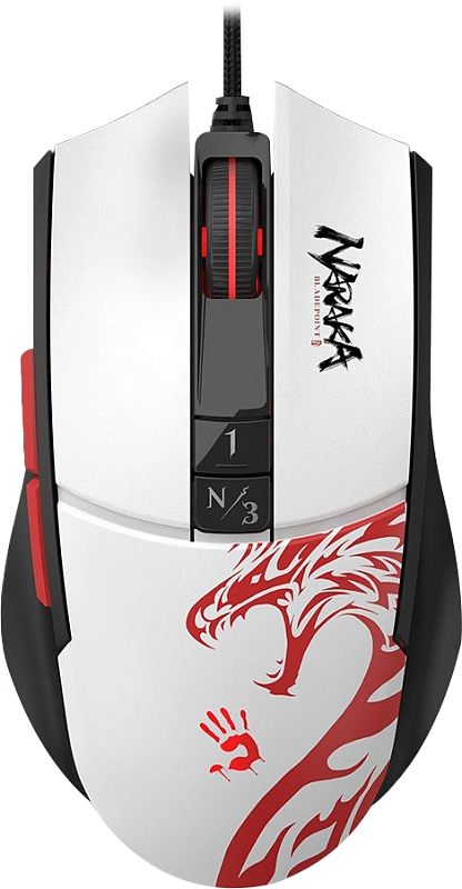 Фото-1 Проводная мышь A4Tech Bloody L65 Max Naraka, вид сверху; белый корпус с чёрной центральной вставкой, красным колесом прокрутки, кнопками 1, N и 3 и красным графическим рисунком дракона; изображение на светлом фоне, важно для страницы товара как показывает основной дизайн и верхние элементы управления.