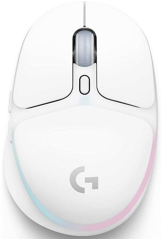 Фото-1 Мышь Logitech G705, вид сверху; белый корпус с симметричной верхней панелью, центральным колесом прокрутки и кнопкой под ним, по нижней кромке видна RGB-подсветка голубого и розового оттенка; изображение показывает форму корпуса и элементы управления для карточки товара.