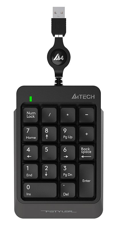 Фото-1 Цифровой блок A4Tech Fstyler FK13, вид сверху; на фото серо-чёрный корпус, 18 клавиш, зелёный индикатор в левом верхнем углу и выдвижной USB‑кабель сверху; изображение важно для страницы товара, потому что показывает раскладку цифрового блока и подключение.