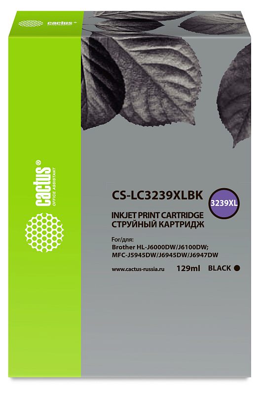 Фото-1 Картридж Cactus CS-LC3239XLBK, чёрный струйный картридж 129 мл, фронтальный вид упаковки; высокая коробка с серой лицевой панелью, зелёной боковой частью и круглой маркировкой 3239XL, на лицевой стороне указан объём 129 мл; на белом фоне для страницы товара, чтобы различать XL-версию по модели и объёму.