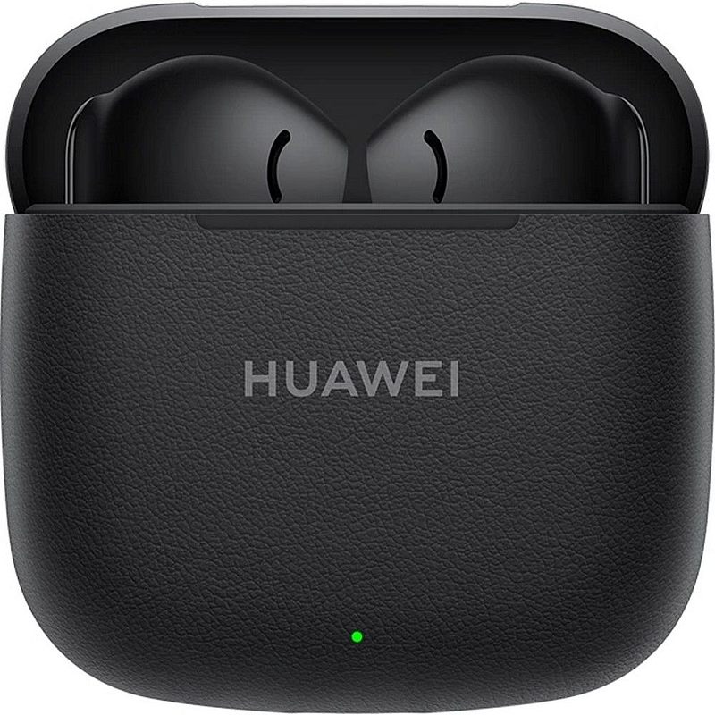 Фото-1 Наушники Huawei FreeBuds SE 3, открытый зарядный кейс спереди; чёрный футляр с фактурной поверхностью под кожу, внутри видны оба вкладыша, на лицевой панели расположен логотип HUAWEI и зелёный индикатор; фото показывает внешний вид комплекта TWS-наушников для страницы товара.