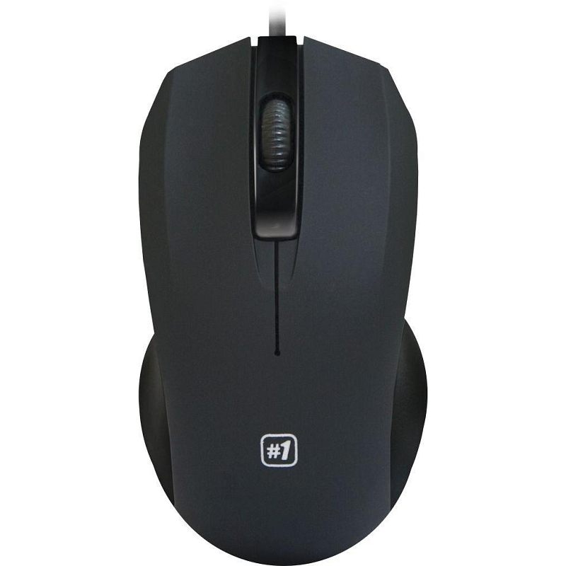 Фото-1 Проводная мышь Defender MM-310, чёрная, вид сверху; симметричный корпус с матовой поверхностью, центральное колесо прокрутки и маркировка #1 на спинке, кабель выходит спереди; изображение показывает базовый внешний вид и форму проводной мыши.