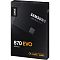 Фото-7 SSD Samsung 870 EVO 500GB, коробка в ракурсе три четверти: чёрная упаковка с маркировкой 500GB, надписью 870 EVO, указанием SATA 2.5 и изображением накопителя на фронте; фото показывает внешний вид розничной коробки.