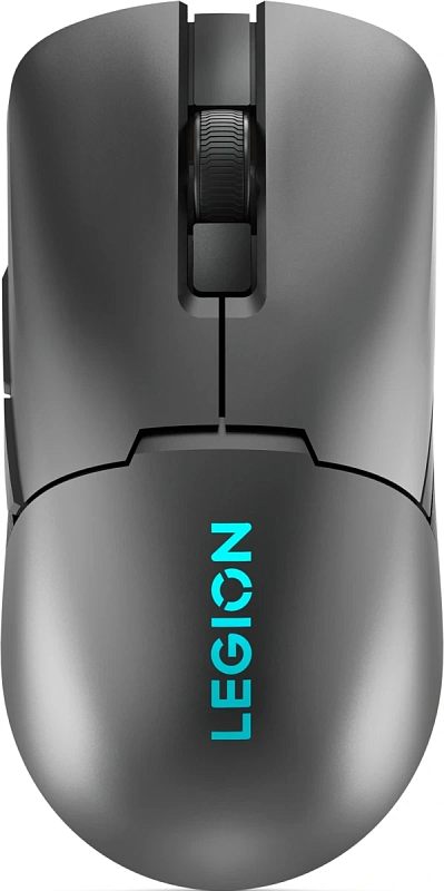 Фото-1 Игровая беспроводная мышь Lenovo Legion M600s Wireless Gaming, вид сверху; видны две основные кнопки, колесо прокрутки с рифлением и логотип Legion на корпусе, тёмно-серый цвет, изображение для карточки товара и визуальной идентификации модели