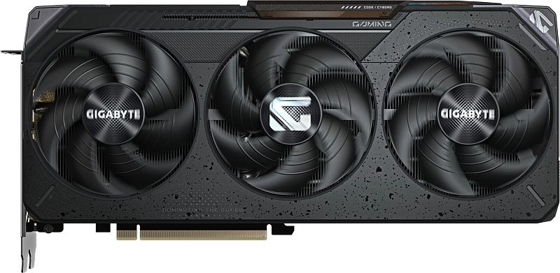 Фото-1 Видеокарта GIGABYTE AMD Radeon RX 9070 XT, вид спереди; на фото три вентилятора в чёрном кожухе, центральный вентилятор с логотипом, фактурная передняя панель и слева видна интерфейсная планка; изображение показывает фронтальную часть и трёхвентиляторную систему охлаждения.
