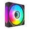 Фото-2 Корпусный вентилятор Alseye Mirror B-R AS_04_06_0126 120 мм 4-pin, вид под углом: чёрная рамка, круглая подсветка лопастей в разных цветах, боковая световая вставка и декоративные прорези по периметру; фото показывает дизайн вентилятора для корпуса ПК.