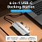 Фото-6 Порт-репликатор Vention TQHHB, демонстрация на столе: серебристый USB‑C хаб подключён к ноутбуку, рядом показана вилка/питание и подписи возможностей (видеовыход, Ethernet, Power Delivery); контекст использования — для понимания схемы подключений через док.