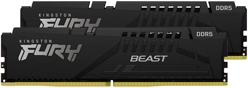 Фото-1 Комплект памяти Kingston FURY Beast Black 32GB KF552C40BBK2/32, вид спереди: два модуля DIMM DDR5 расположены один перед другим. Видны чёрные радиаторы, надписи FURY и BEAST и золотистые контакты по нижнему краю. Фото показывает лицевую сторону комплекта из 2 модулей.