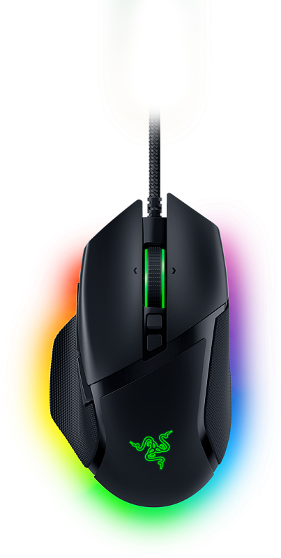 Фото-1 Проводная мышь Razer Basilisk V3, вид сверху; чёрный корпус с зелёной подсветкой колеса, двумя кнопками за колесом и кабелем в тканевой оплётке; изображение на тёмном фоне с цветной подсветкой, важно для страницы как показывает основной дизайн и верхние органы управления.