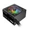 Фото-2 Блок питания Thermaltake Smart RGB 700W, вид сверху под углом: чёрный ATX-корпус, сверху вентилятор под решёткой с многоцветной подсветкой, на боковой панели надпись SMART RGB 700W, сбоку выходит кабельный жгут в оплётке; фото показывает верхнее охлаждение и маркировку модели для установки в ПК.
