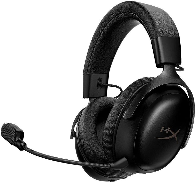 Фото-1 Наушники HyperX Cloud III S Wireless, чёрные — общий вид спереди под углом; показаны полноразмерные чашки, мягкое оголовье, съёмный микрофон на гибкой штанге и логотип HyperX на внешней крышке. На странице товара это важно для показа базовой конфигурации гарнитуры.