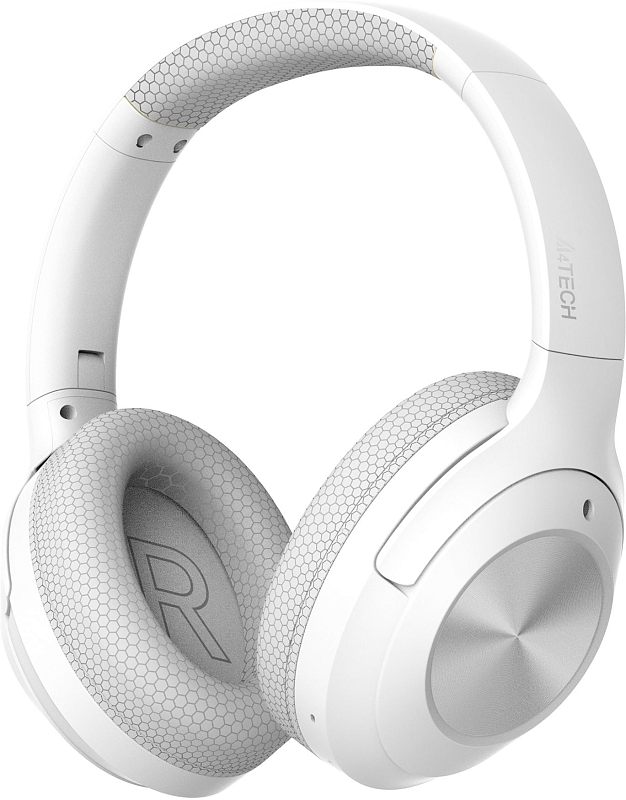 Фото-1 Гарнитура A4Tech Fstyler BH220 White, вид спереди сбоку на белом фоне; показаны белые накладные чашки, оголовье с серым сотовым рисунком на подушке и круглая металлическая вставка на чашке; фото важно для страницы товара, потому что показывает общий внешний вид модели.