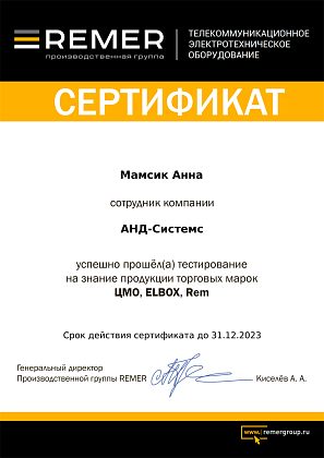 Анна Мамсик - сертифицированный специалист продукции Remer марок Rem, Elbox, ЦМО