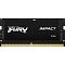 Фото-1 Модуль памяти Kingston FURY Impact XMP KF560S38IB-16, 16 ГБ SO-DIMM DDR5 6000, фронтальный вид. На фото чёрная компактная плата формата SO-DIMM, центральная чёрная наклейка с надписями FURY, IMPACT и DDR5, а также золотистые контакты снизу. Изображение на светлом фоне показывает лицевую сторону ноутбучного модуля, что важно для идентификации товара.
