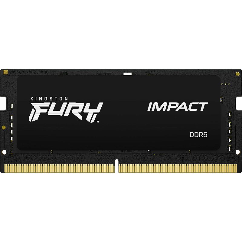 Фото-1 Модуль памяти Kingston FURY Impact XMP KF560S38IB-16, 16 ГБ SO-DIMM DDR5 6000, фронтальный вид. На фото чёрная компактная плата формата SO-DIMM, центральная чёрная наклейка с надписями FURY, IMPACT и DDR5, а также золотистые контакты снизу. Изображение на светлом фоне показывает лицевую сторону ноутбучного модуля, что важно для идентификации товара.