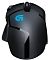 Фото-2 Мышь Logitech Hyperion Fury G402, прямой вид сверху на чёрный проводной корпус; видны колесо прокрутки, центральные кнопки и светящийся синий логотип G на верхней панели; фото важно для страницы товара, так как показывает раскладку верхних элементов и силуэт мыши.