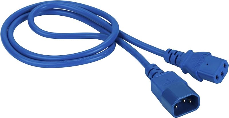 Фото-1 Кабель питания Lanmaster IEC 320 C13 — IEC 320 C14, 3 м (LAN-PP13-14-3.0-BL): общий вид, синий кабель в петлях, показаны IEC C14 (вилка) и IEC C13 (разъём); литые корпуса и ребристая разгрузка, на белом фоне для распознавания IEC-разъёмов при подборе кабеля питания