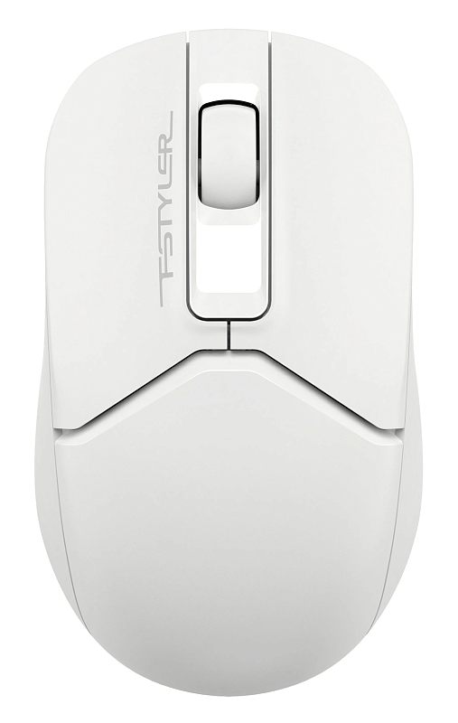 Фото-1 Мышь A4Tech FG12 Fstyler White, вид сверху. На фото беспроводная мышь белого цвета с колесом прокрутки, центральной кнопкой и гладкой верхней панелью. Изображение показывает внешний вид и цвет корпуса для страницы товара компьютерной мыши.