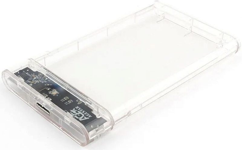 Фото-1 Внешний корпус для HDD/SSD 2.5 AgeStar 3UB2P4C, вид под углом, прозрачный пластиковый корпус, видна плата контроллера, разъём USB на торце