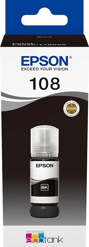 Фото-1 Чернила Epson 108 C13T09C14A, фронтальный вид упаковки; видны логотип Epson, номер серии 108, изображение флакона с меткой BK и знак EcoTank, цвет на фото чёрный, для страницы товара важно как подтверждение серии, цвета и формата 70 мл.