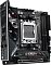 Фото-3 Материнская плата ASUS ROG Strix B850‑I Gaming WiFi, ракурс под углом с задней панелью I/O: видны порты I/O, кожух с логотипом ROG и надпись STRIX на радиаторе, чёрная плата; важно для понимания доступных подключений и внешнего вида.