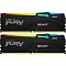 Фото-1 Комплект памяти Kingston FURY Beast RGB KF560C36BBE2AK2/64, фронтальный вид двух DIMM-планок на светлом фоне. Видны лицевые стороны чёрных радиаторов, логотип Kingston FURY Beast, маркировка DDR5 и верхние RGB-рассеиватели по всей длине. Чёрный цвет корпуса с многоцветной подсветкой. Фото в карточке товара показывает комплект из двух модулей и внешний вид версии с RGB.