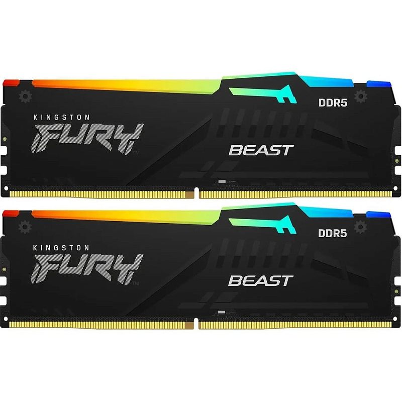 Фото-1 Комплект памяти Kingston FURY Beast RGB KF560C36BBE2AK2/64, фронтальный вид двух DIMM-планок на светлом фоне. Видны лицевые стороны чёрных радиаторов, логотип Kingston FURY Beast, маркировка DDR5 и верхние RGB-рассеиватели по всей длине. Чёрный цвет корпуса с многоцветной подсветкой. Фото в карточке товара показывает комплект из двух модулей и внешний вид версии с RGB.