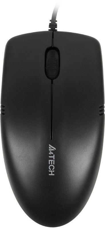 Фото-1 Мышь A4Tech OP-530NU, вид сверху; чёрный симметричный корпус, узкое колесо прокрутки в центральном канале, провод выходит по центру спереди, на спинке вертикальная маркировка A4TECH; изображение показывает базовую компоновку модели на странице товара.