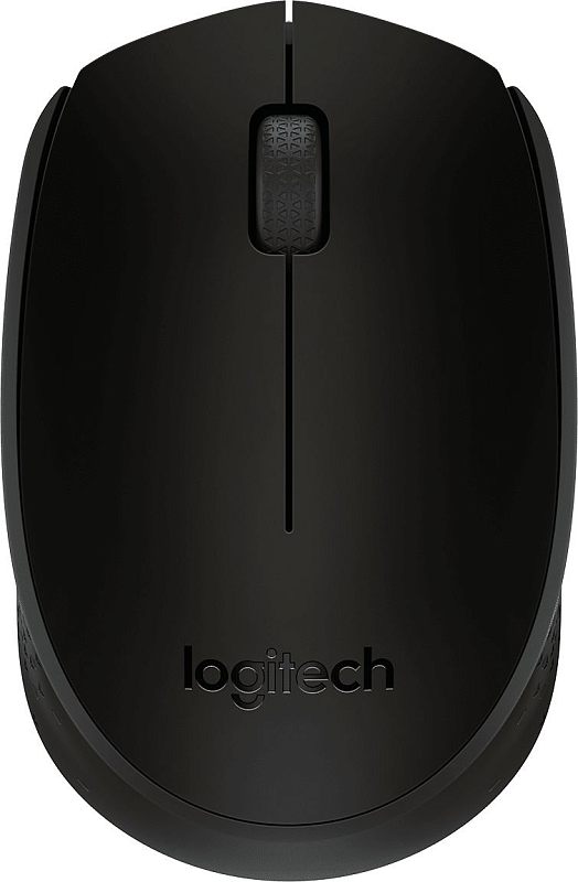 Фото-1 Беспроводная мышь Logitech M171, вид сверху: чёрный корпус, центральное колесо с фактурным рисунком, разделительная линия кнопок и логотип logitech; изображение раскрывает внешний вид модели для страницы товара.