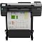 Фото-3 Широкоформатный принтер HP DesignJet T830 24 (F9A28D), фронтальный вид: панель с экраном слева, рабочая зона печати по центру, отпечаток свисает в корзину-приёмник; стойка на колёсах &mdash; показывает общий вид устройства в сборе для карточки товара.