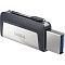 Фото-3 USB‑накопитель SanDisk Ultra Dual 32GB, вид под углом: выдвинутый разъём USB‑A с синей вставкой справа, сверху ползунок, серебристая вставка SanDisk; помогает выбрать совместимый разъём на странице товара.