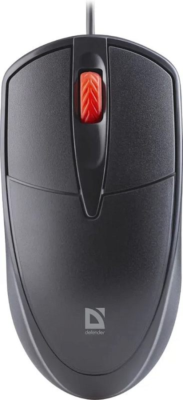 Фото-1 Проводная мышь Defender Icon MB-057, вид сверху. На фото чёрный симметричный корпус, красное рифлёное колесо прокрутки, кабель спереди и логотип Defender у основания; изображение показывает верхнюю компоновку и цветовой акцент модели.