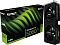 Фото-3 Видеокарта Palit GeForce RTX 5060 Ti Dual, вид спереди под углом; на фото два осевых вентилятора Palit, чёрный кожух с концентрическими линиями и край перфорированной интерфейсной планки; изображение показывает лицевую сторону охлаждения и общий профиль карты.