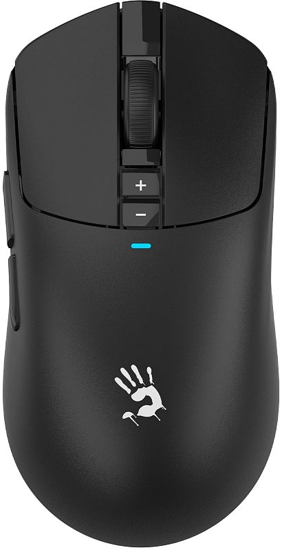 Фото-1 Беспроводная мышь A4Tech R72 Pro, чёрная, вид строго сверху; видны колесо прокрутки, кнопки переключения DPI «+» и «−», голубой индикатор и логотип в виде ладони. Изображение для карточки товара, чтобы показать верхние элементы управления.