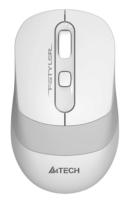 Фото-1 Беспроводная мышь A4Tech FG10S White, вид сверху: бело-серый корпус, центральная вставка Fstyler, колесо прокрутки и дополнительная кнопка под ним; показывает цвет и раскладку кнопок на странице товара.