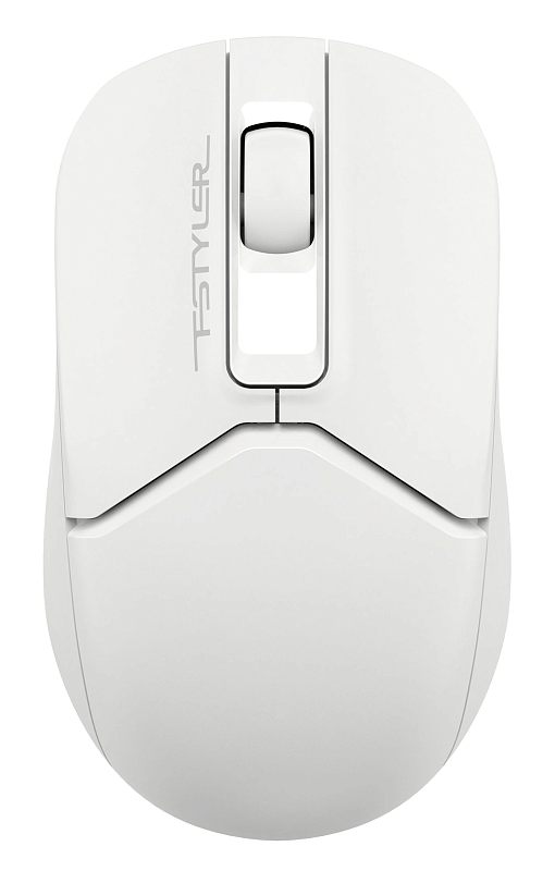 Фото-1 Мышь A4Tech Fstyler FG12S, вид строго сверху; белый корпус с центральным колесом прокрутки и серой маркировкой Fstyler на левой кнопке; фото показывает верхнюю панель и симметричную форму для страницы товара беспроводной мыши.