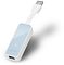 Фото-4 USB-Ethernet адаптер TP-Link UE200, вид под углом: голубая лицевая панель, белый корпус, снизу виден порт RJ-45, сверху кабель с USB-штекером; белый фон; важно для страницы, чтобы увидеть расположение RJ-45 разъёма и кабеля.