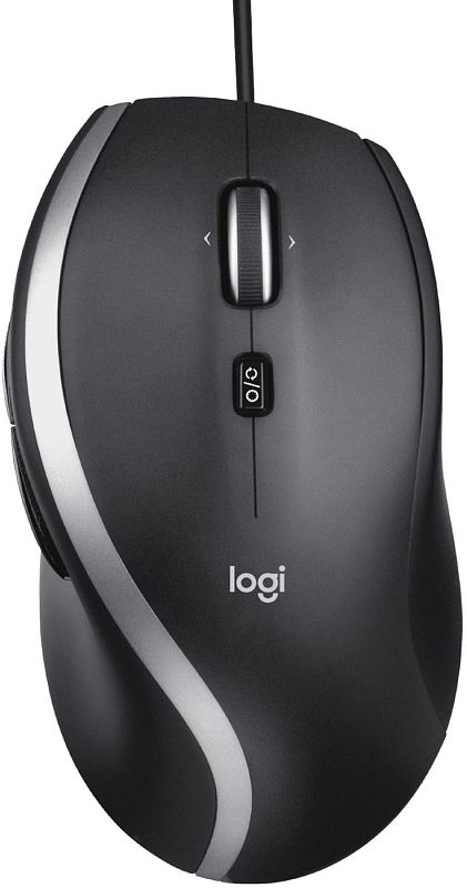 Фото-1 Мышь Logitech M500s проводная, чёрный цвет, вид сверху. На фото видны колесо прокрутки, отдельная кнопка под ним, логотип Logi и светло-серая волнообразная вставка по левой стороне корпуса. Для страницы товара это важно, потому что показывает верхнюю компоновку и контрастное оформление корпуса.