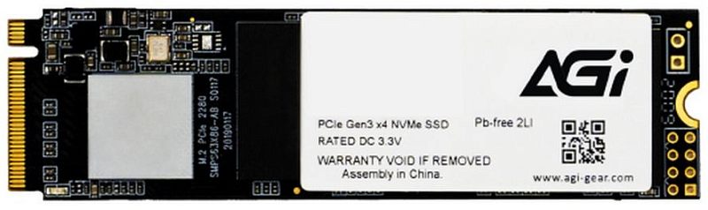 Фото-1 SSD AGI AI298 AGI2T0GIMAI298, вид сверху: модуль M.2 2280 на чёрной плате с белой наклейкой AGI, слева видны контроллер и элементы питания, справа — крепёжный вырез и золотистые контакты; фото показывает лицевую сторону платы и маркировку модели для страницы товара.
