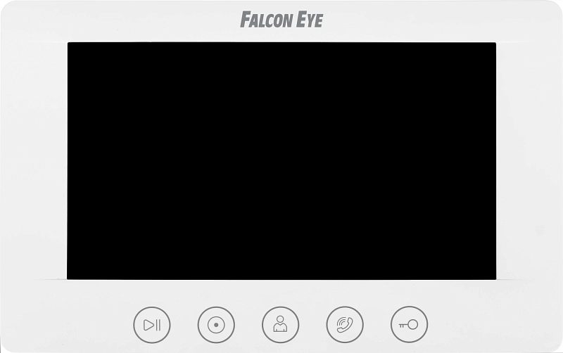Фото-1 Видеодомофон Falcon Eye Cosmo 7, фронтальный вид; белая рамка с логотипом, чёрный экран и ряд круглых кнопок управления под дисплеем; показан монитор домофона для приема вызова.
