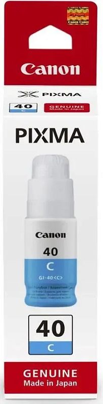 Фото-1 Чернила Canon GI-40C, вид спереди на упаковку; высокая белая коробка PIXMA с красной верхней частью, изображением флакона, маркировкой 40 C и надписью Genuine Made in Japan, голубой цвет выделен на нижней плашке; изображение показывает фирменную упаковку чернил для страницы товара.