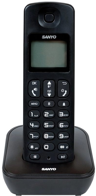 Фото-1 Радиотелефон DECT Sanyo RA-SD53RUBK, вид спереди: трубка на базе, крупные клавиши, монохромный экран, чёрный корпус; на белом фоне; важно для оценки читаемости и расположения кнопок.
