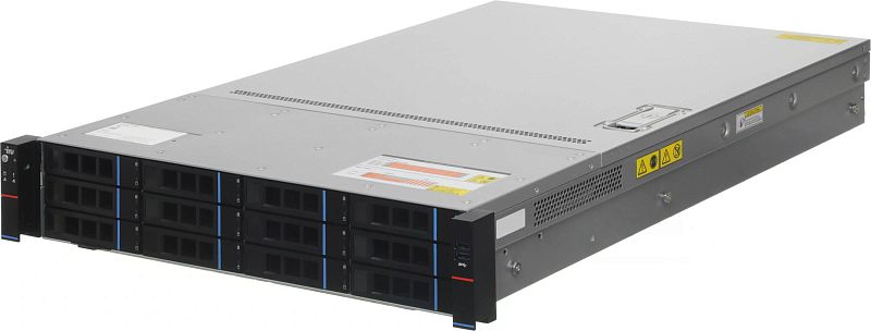 Фото-1 Сервер iRU s2112a 12x3.5 Rack 2U, общий вид спереди слева; стоечный корпус 2U серебристого и чёрного цвета, на передней панели 12 дисковых отсеков и USB справа, изображение показывает внешний вид сервера.