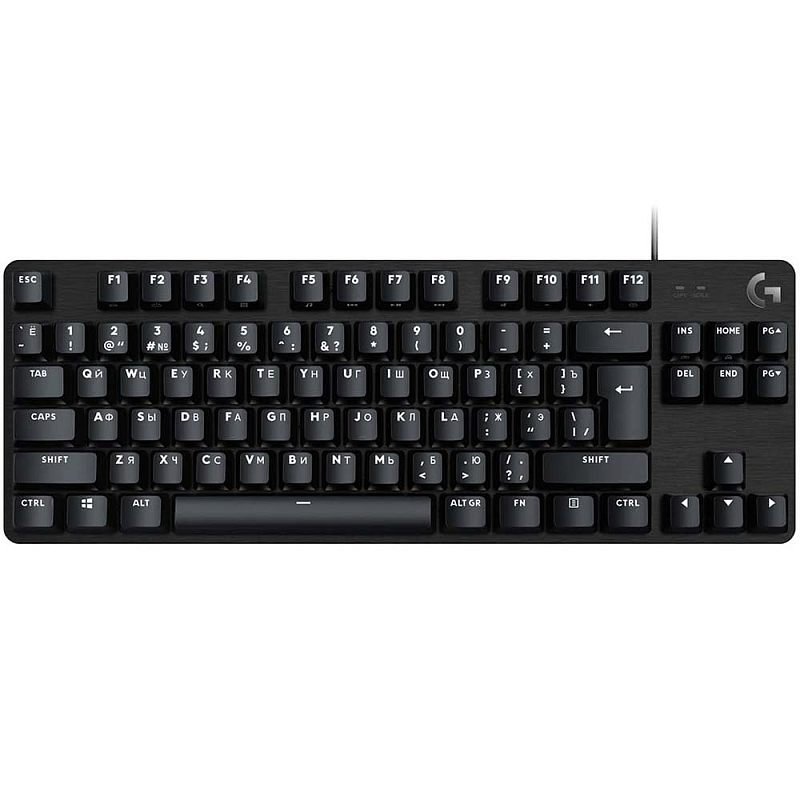 Фото-1 Механическая клавиатура Logitech G413 TKL SE, вид сверху; на фото компактная раскладка TKL без цифрового блока, чёрный корпус с тёмной металлической верхней панелью, чёрные клавиши с кириллической и латинской маркировкой и отдельный блок стрелок; изображение важно для страницы товара как основной вид раскладки.