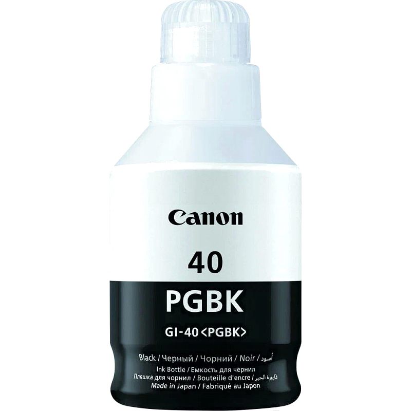 Фото-1 Чернила Canon GI-40 PGBK, струйные, чёрные, 170 мл — вид бутылки спереди: бело-чёрная ёмкость с ребристой крышкой, маркировкой Canon 40 PGBK GI-40 и многоязычной подписью Ink Bottle; изображение показывает форму флакона и объём товара на странице.