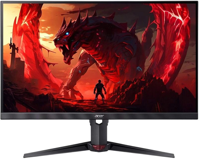 Фото-1 Монитор Acer XV270UP6bmiiprx, вид спереди. На фото чёрный корпус, тонкие рамки, центральная стойка с вырезом и широкая V-образная подставка; фронтальный кадр показывает лицевую панель.