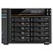 Фото-1 NAS Asustor Lockerstor 10 Gen3 AS6810T &mdash; фронтальный вид: десять лотков для дисков (2&times;5), сверху небольшой экран с текстом, слева вертикальные индикаторы, фронтальный синий USB; чёрный корпус; важно для оценки компоновки 10‑дискового NAS и фронтального доступа.
